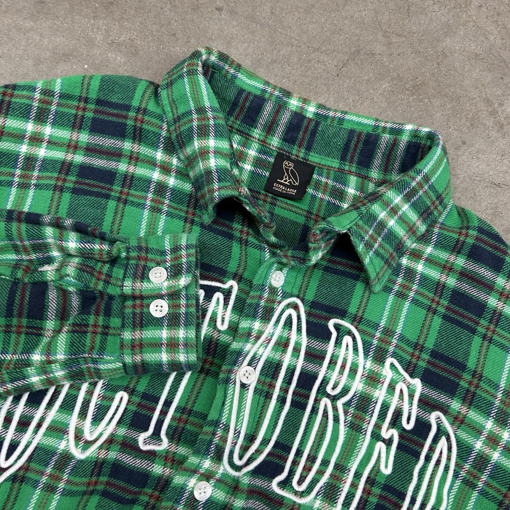 OVO October's Very Own Flannel Shirt Green Plaid Owl Logo Mens XL